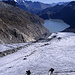 Im mittleren Teil des Gletschers müssen einige große Spalten umgangen werden. Unten der Oberaarsee (2303m).