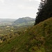 Am oberen Ende des steilen Wiesenhanges angelangt, hinten Sonthofen mit Grünten